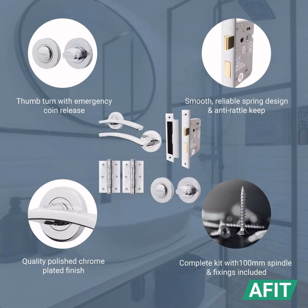 AFIT Polished Chrome Bathroom Door Handle Set with Hinges and Lock in Silver – 2