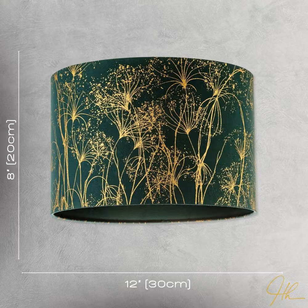 Happy Homewares Deep Emerald Forest Green Cylinder Lamp Shade with Botanical Gold Foil Print, Diameter: 30 cm – 5