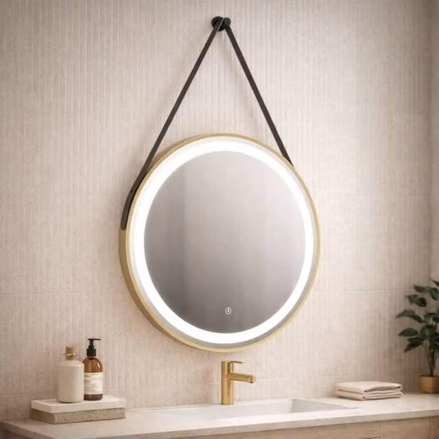 Bathroom Kingdom Delilah Round Illuminated LED Mirror in Brushed Brass Gold, W: 60 cm, H: 80 cm