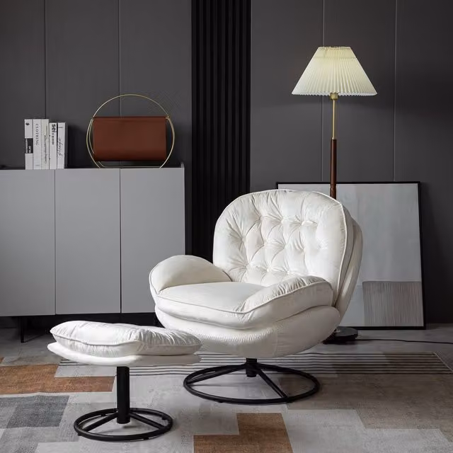 Sol Beige Velvet Swivel Lounge Chair with Ottoman in White
