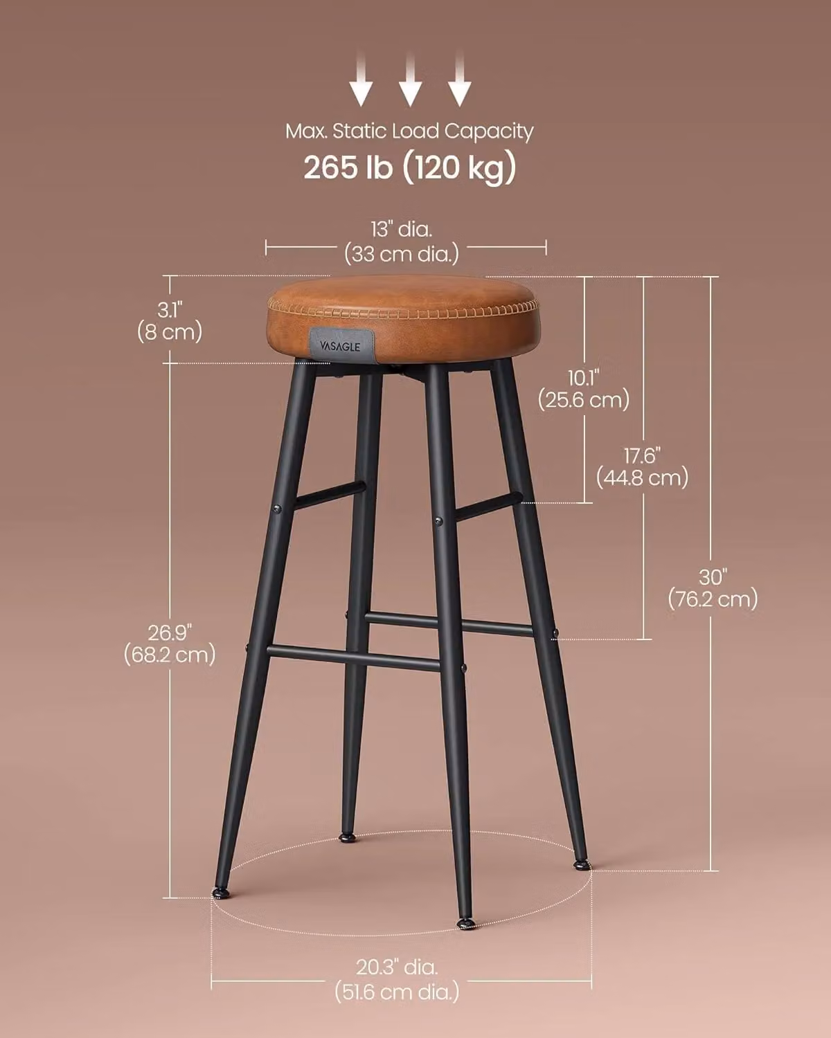 VASAGLE Set of 2 Tall Bar Stools with Stitched Seats in Brown – 2
