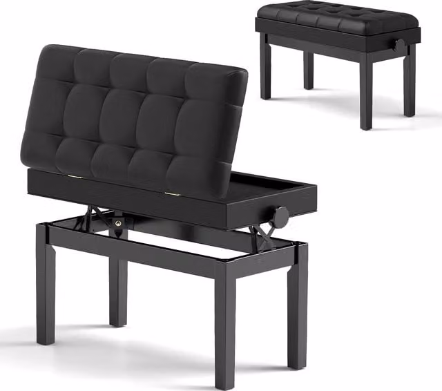 Gymax Duet Piano Bench with Storage, Adjustable Padded Stool in Black – 1