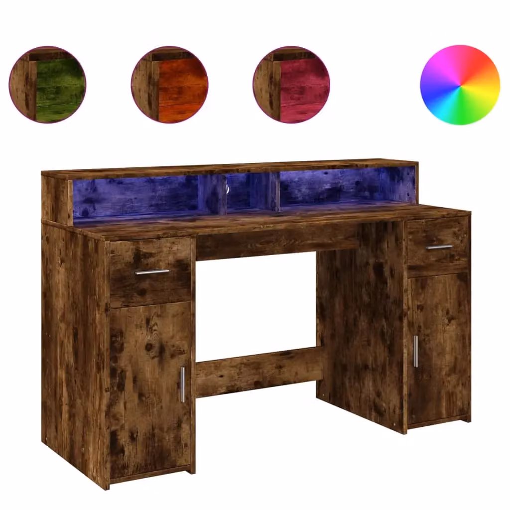 Berkfield Home Gaming Desk with LED Lights in Smoked Oak Brown, W/D/H: 140 x 55 x 91 cm – 2