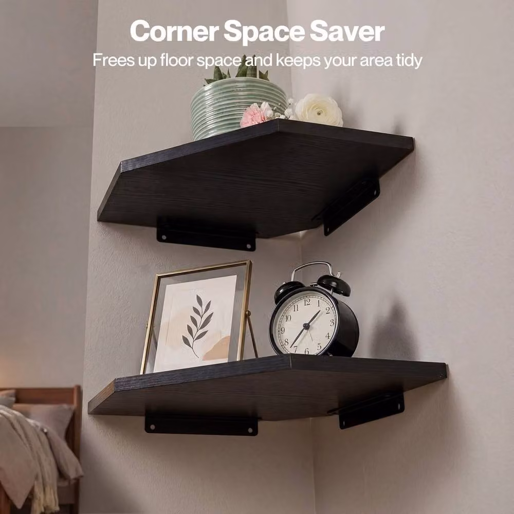 VOGREX Set of 2 Black Matt Wall Mounted Floating Corner Shelves – 3