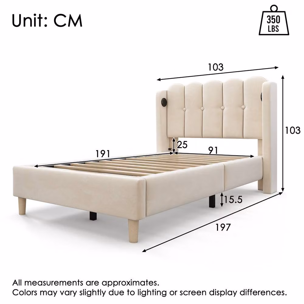 ModernLuxe Upholstered Single Bed in Beige Velvet with USB Charging Port and Wooden Slatted Frame, W/D/H: 90 x 200 cm – 2
