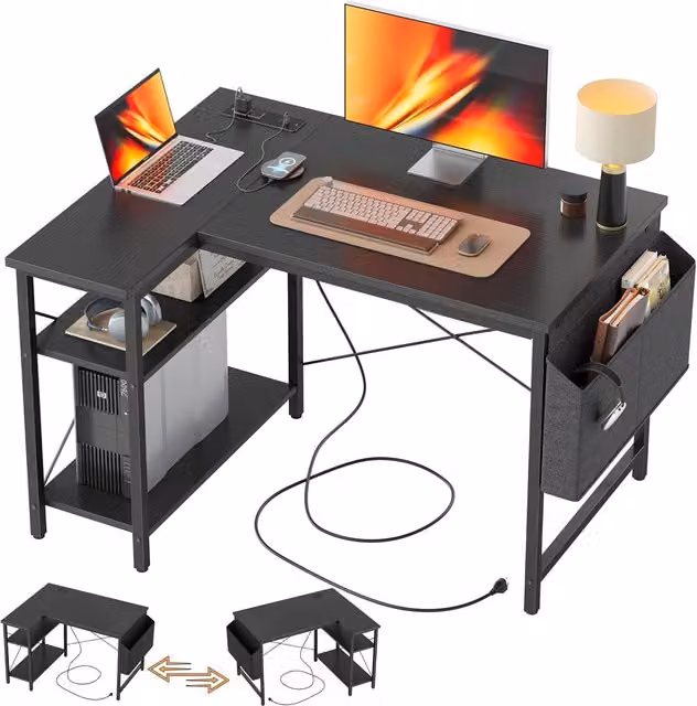 BEXEVUE L-Shaped Computer Gaming Desk with Power Outlets, Black, W/D/H: 100 x 70 x 75 cm – 1