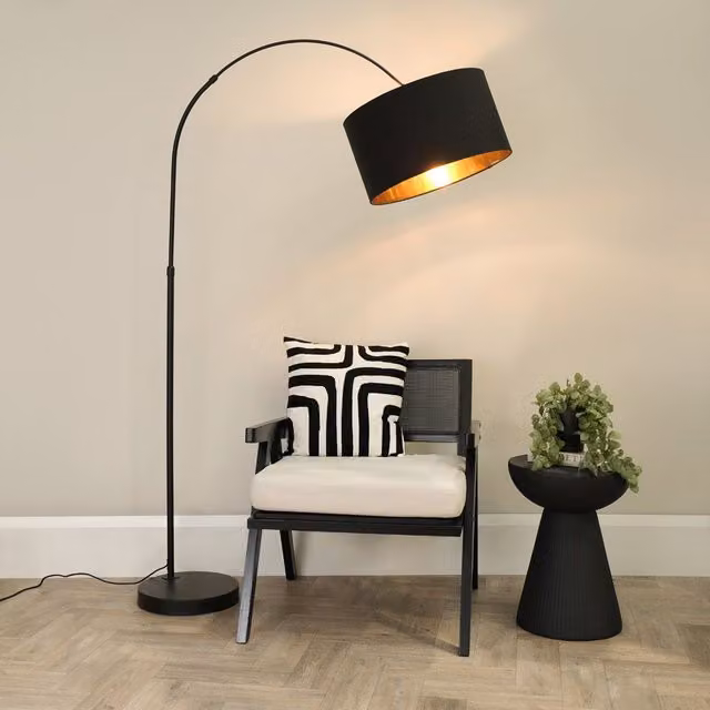 ValueLights Louis Black Metal Arched Floor Lamp with Gold Fabric Drum Shade – 3