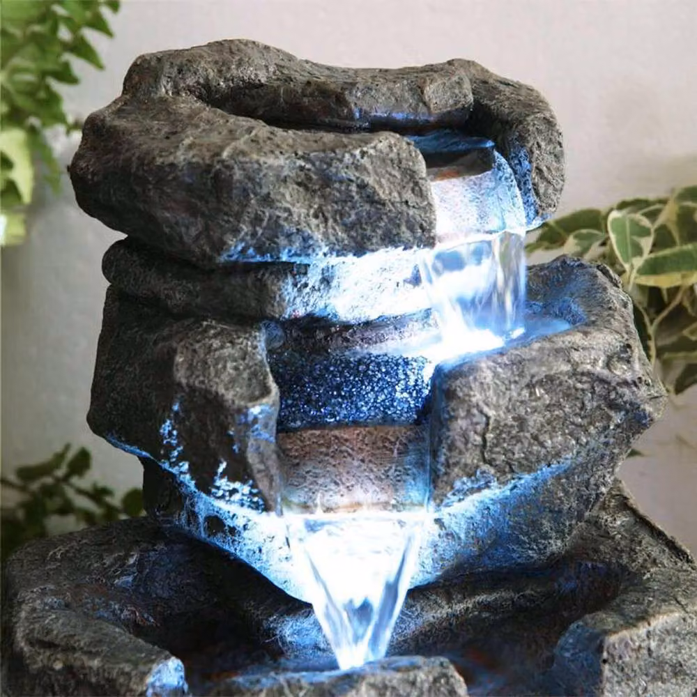 Primrose Stone Effect Tabletop Rock Water Feature Cascade with LED Lights, Grey, Height: 36 cm – 3