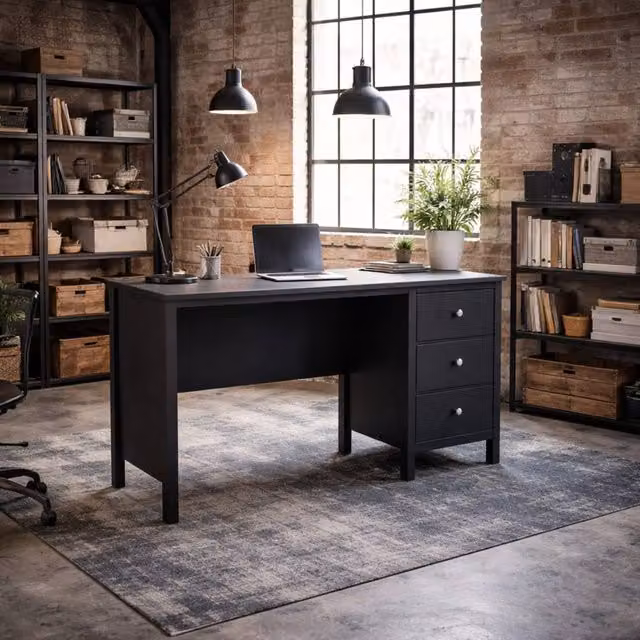 Wyld Haus Gossmere Matt Black Modern Writing Desk with Single Pedestal, W/D/H: 120.4 x 48.0 x 76.5 cm