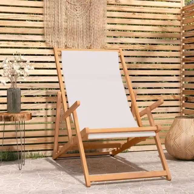 Berkfield Home Folding Beach Chair in Solid Teak Wood with Cream Fabric