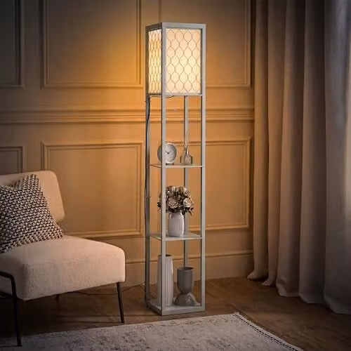 HOMCOM Modern Floor Lamp with 3 Shelves and Fabric Lampshade in Grey – 1
