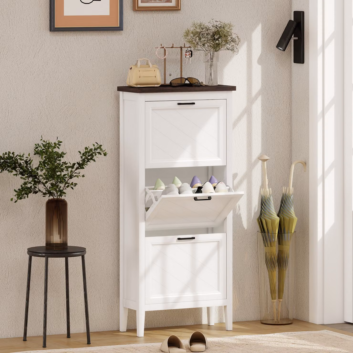 HOMCOM White Farmhouse Shoe Cabinet with 3 Tilting Compartments and Adjustable Internal Shelves – 2