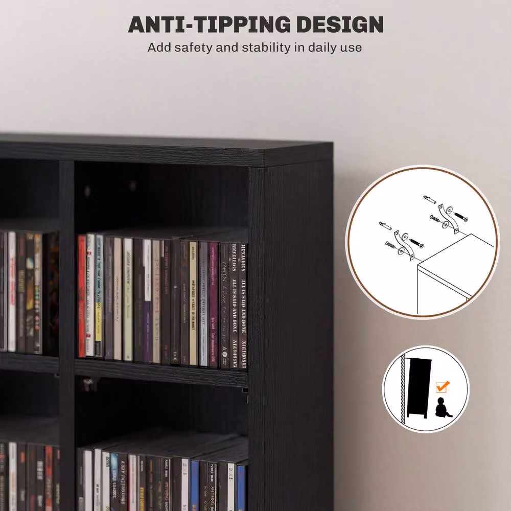 STILVORA Black Matt CD Storage Unit with Adjustable Shelves and Media Compartments, W/D/H: 130.5 x 20.0 x 89.0 cm – 8