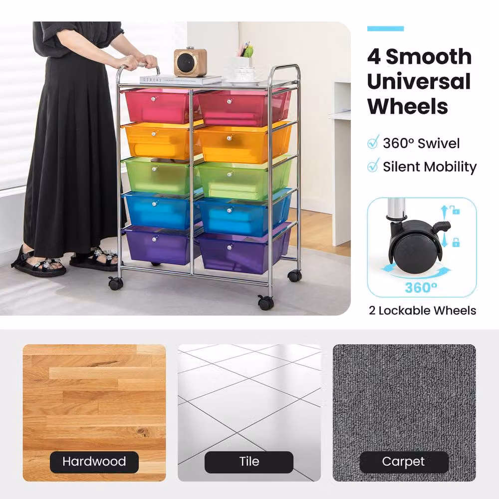 Costway 10 Drawer Mobile Storage Trolley with Castors, Multicolour Metal Utility Cart for Home, Office or Kitchen – 4