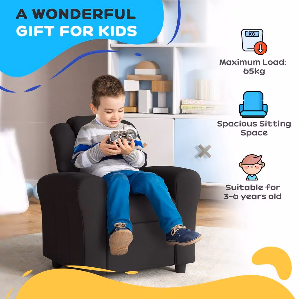 STILVORA Children's Recliner Chair with Integrated Ottoman in Black Synthetic Leather – 9