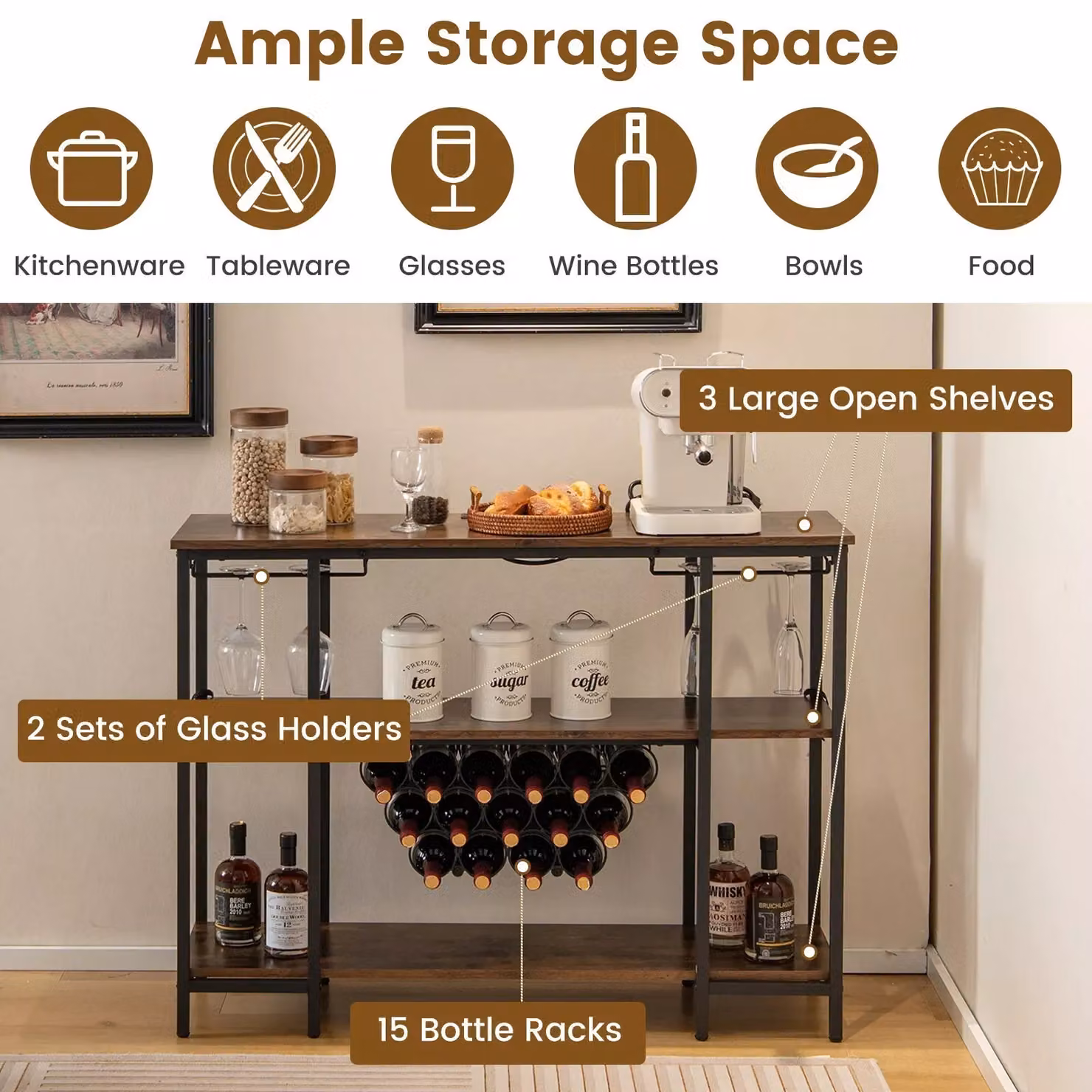 Costway 3-tier Industrial Wine Bar Cabinet with Storage Shelves and Glass Holder in Brown – 4