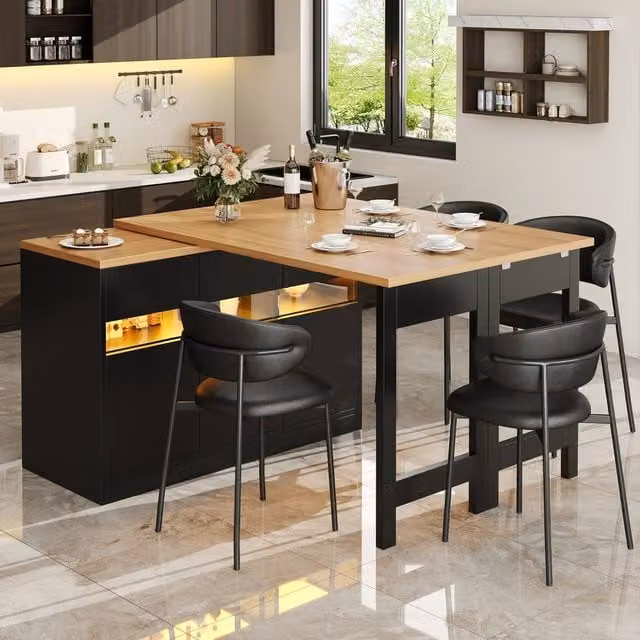 Rolipo Extendable LED Bar Table in Black with 360 Degree Swivel and Storage, Width: 120 cm