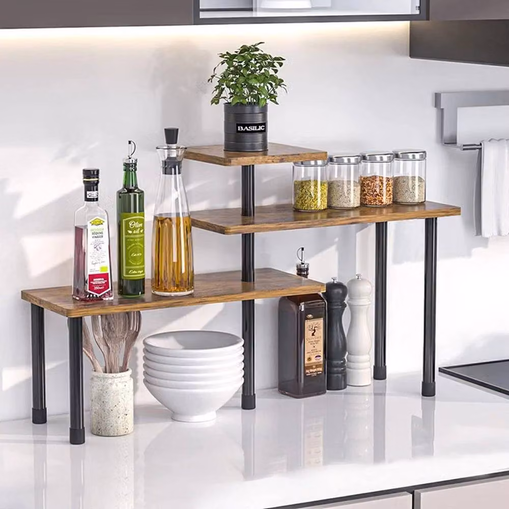 KORVIXA Multi-Tier Wooden Corner Storage Rack in Black, W/D/H: 100 x 100 x 38 cm – 2