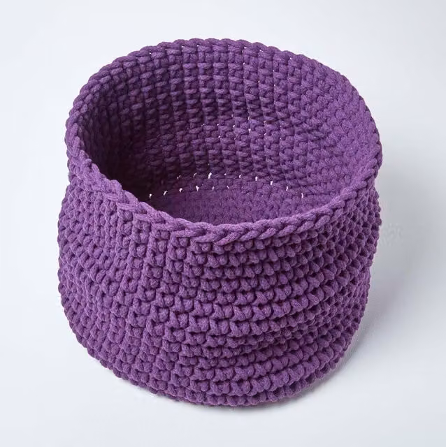 Homescapes Open Weave Cotton Knitted Round Storage Basket in Purple, 65l