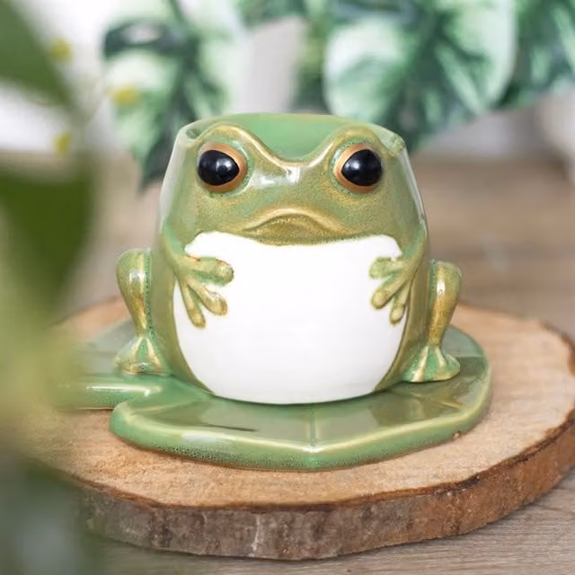 Gloriously Good Ceramic Frog Shaped Oil Burner on Lily Pad in Green