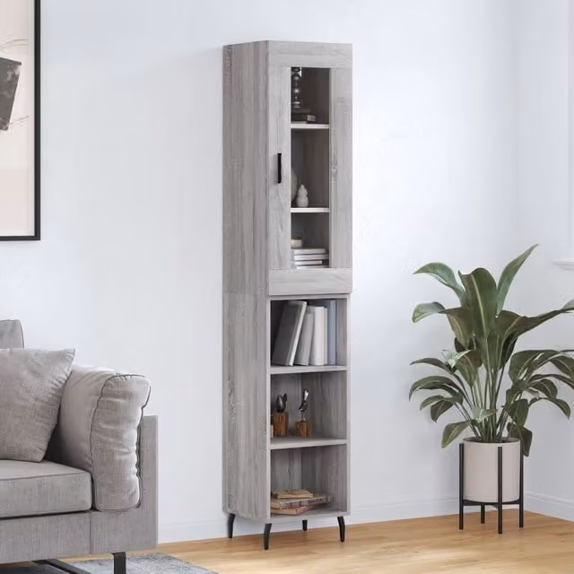 Berkfield Home Grey Sonoma Modern Highboard with Glass Doors, W/D/H: 34.5 x 34 x 180 cm