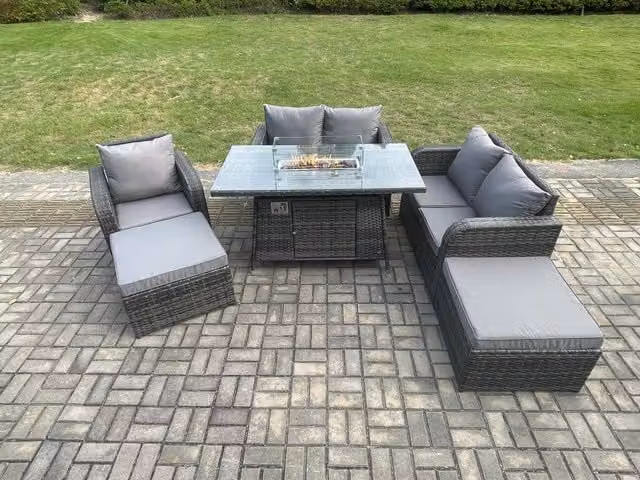 Fimous 6 Seater Rattan Outdoor Garden Furniture Set in Dark Grey with Gas Fire Pit Dining Table, Love Sofa and Footstool