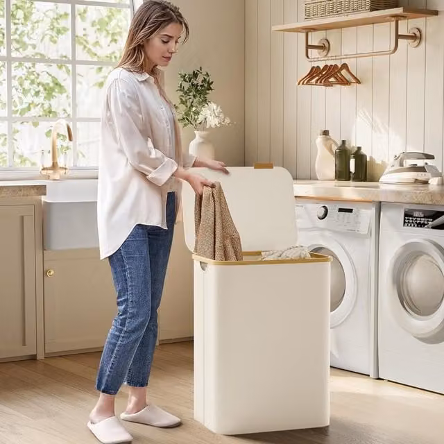 The Bazaarist 2-Section Collapsible Laundry Hamper with Lid and Removable Fabric Bags in White and Yellow