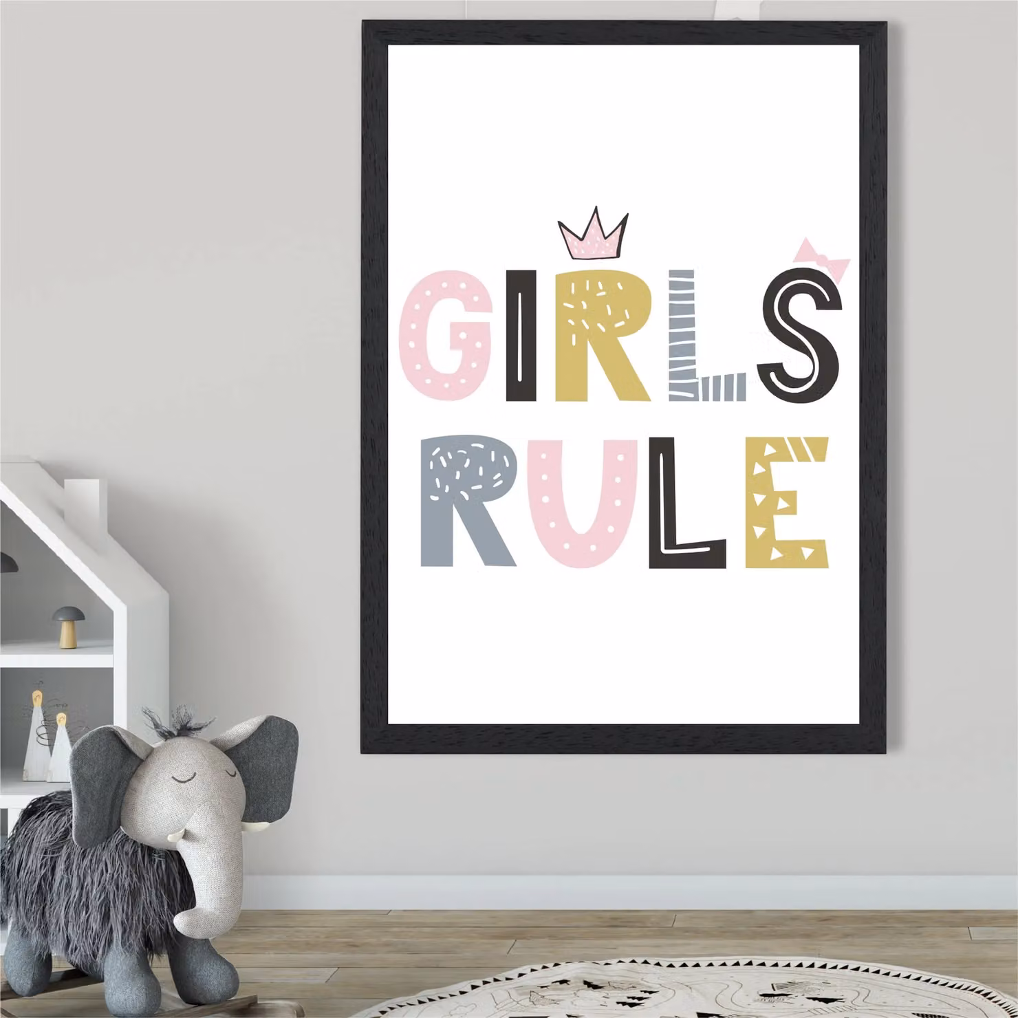 ARTZE Cute Girls Rule Scandi Quote Framed Print, Pink and Yellow, A3 – 2