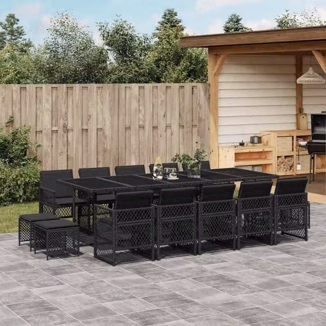 Berkfield Home 15 Piece Black Poly Rattan Garden Dining Set with Cushions