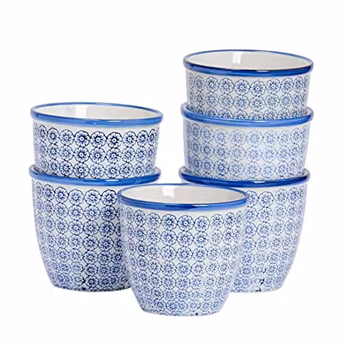 Nicola Spring Hand Printed Patterned Ceramic Plant Pots, Blue and Orange, Pack of 6, Diameter: 14 cm