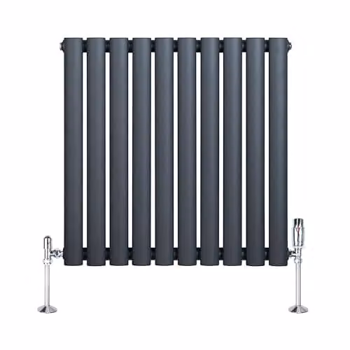Monster Shop Oval Single Column Radiator in Matt Anthracite Grey, Carbon Steel, W/H: 60 x 60 cm, with Chrome Thermostatic Radiator Valve Set and Wall Brackets – 1