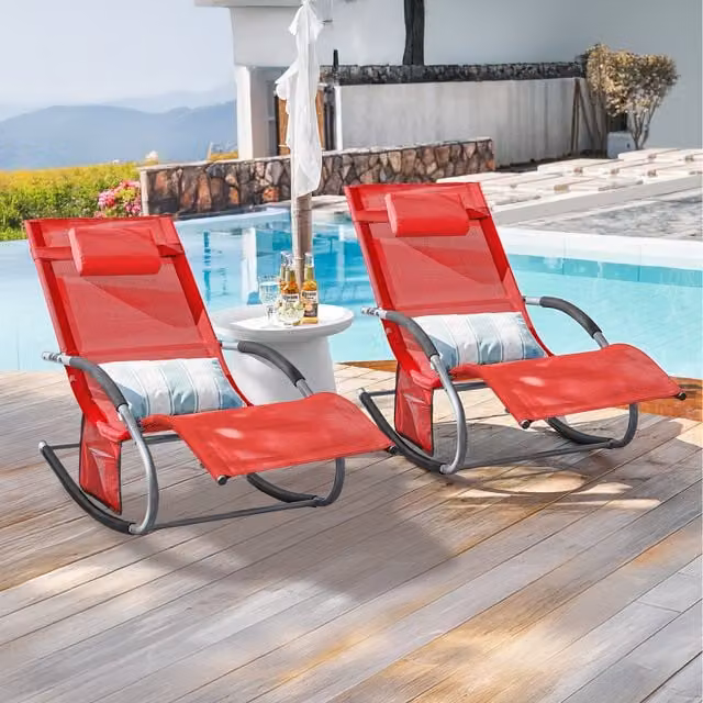 SoBuy Set of 2 Red Outdoor Garden Rocking Sun Recliner Lounger Armchairs with Armrests and Powder Coated Steel Frame