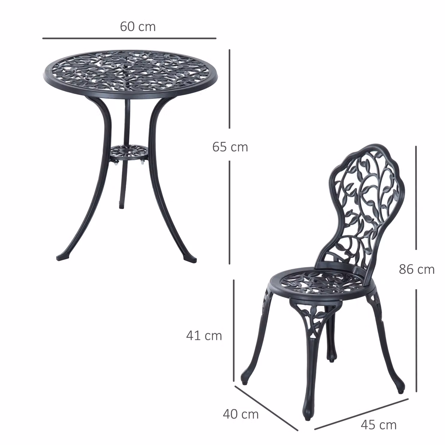 Outsunny 3-Piece Antique Style Cast Aluminium Bistro Set in Black with Round Table and Chairs for Garden, Balcony or Terrace – 3