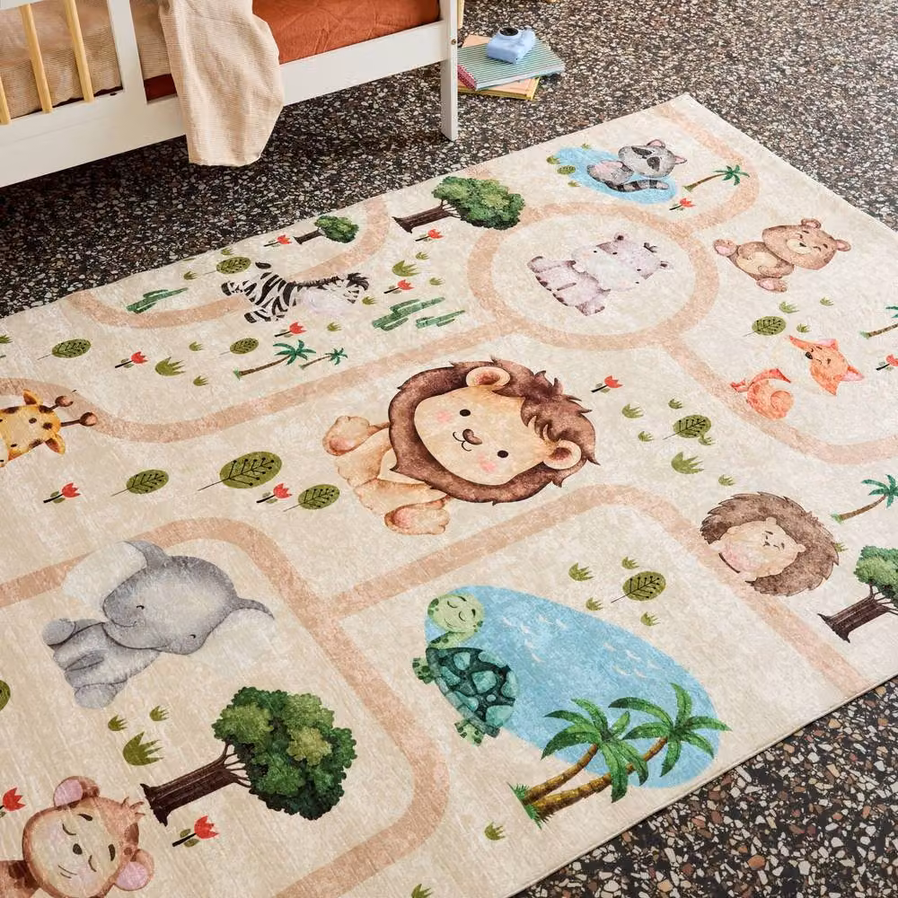 sweeek Children's Indoor Rug in White with Animal Print, W: 160 cm, D: 120 cm – 3