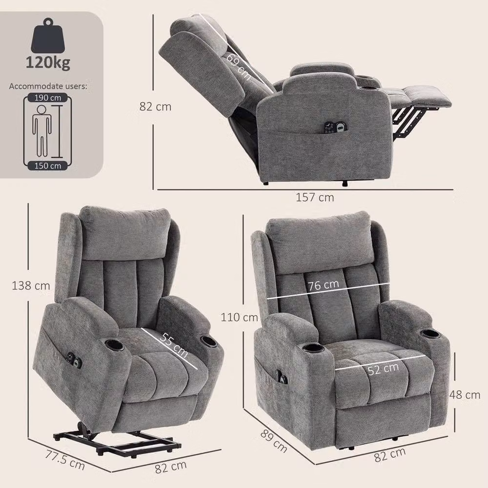 FORGEVIO Grey Fabric Power Recliner Chair with Massage, Heat and Lift Assist – 3