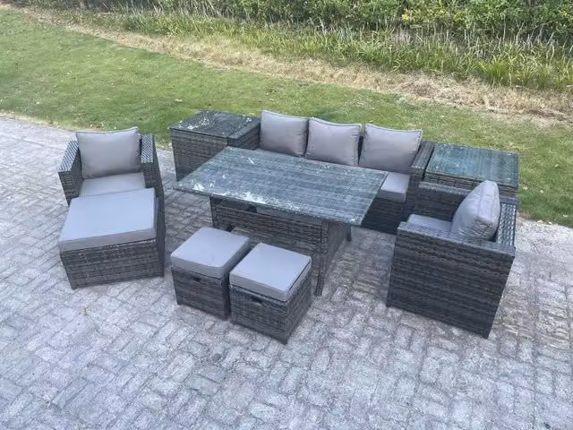 Fimous Dark Grey Rattan Garden Furniture Set with Dining Table, Lounge Sofa, Chairs and 3 Footstools