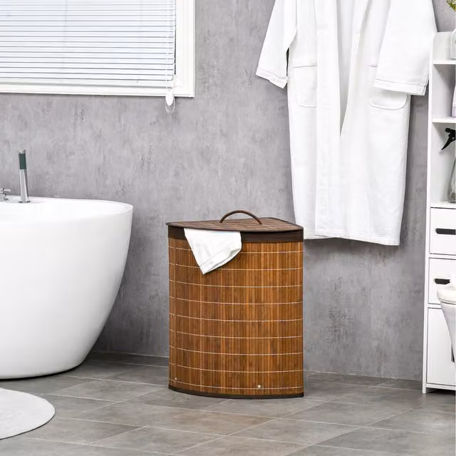 HOMCOM Bamboo Corner Laundry Basket with Lid, Brown