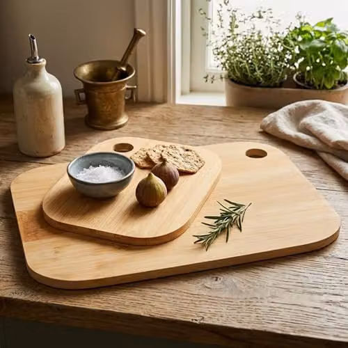 Premier Housewares Set of 2 Natural Brown Bamboo Rectangular Cutting and Serving Boards with Handles – 2