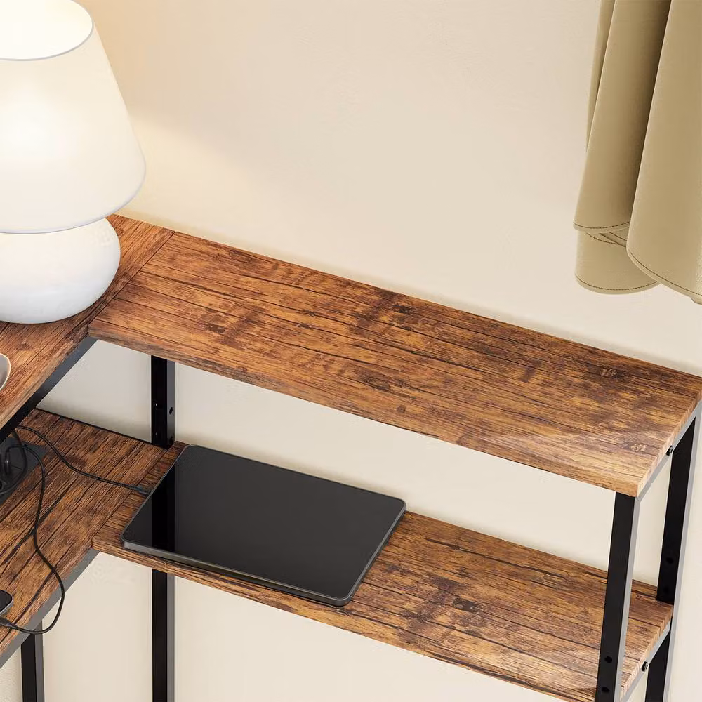 SoBuy L-Shaped Industrial Console Table with Integrated Power Socket in Brown and Black – 6