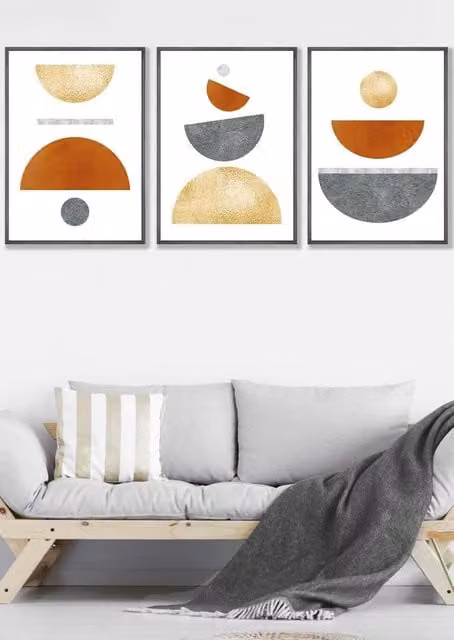 ARTZE Mid Century Abstract Geometric Framed Wall Art in Orange, Gold and Grey, W: 53 cm, H: 73 cm, D: 0.2 cm