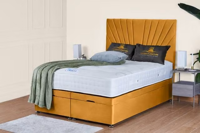 UK Bed Furniture Sunrise End Lift Divan Ottoman Bed with 54 Inch Headboard in Yellow Velvet, Size: King (W/D: 180 x 200 cm) – 1