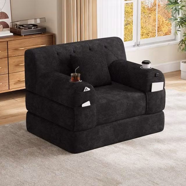Aosom UK 1-Seater Convertible Chair Bed with Metal Frame and High-Density Foam, Black, L: 107 cm, W: 80 cm, H: 81 cm