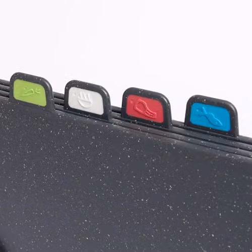 Cooks Professional Index 4 Piece Non-Slip Chopping Board Set with Stand in Dark Grey and Black – 7