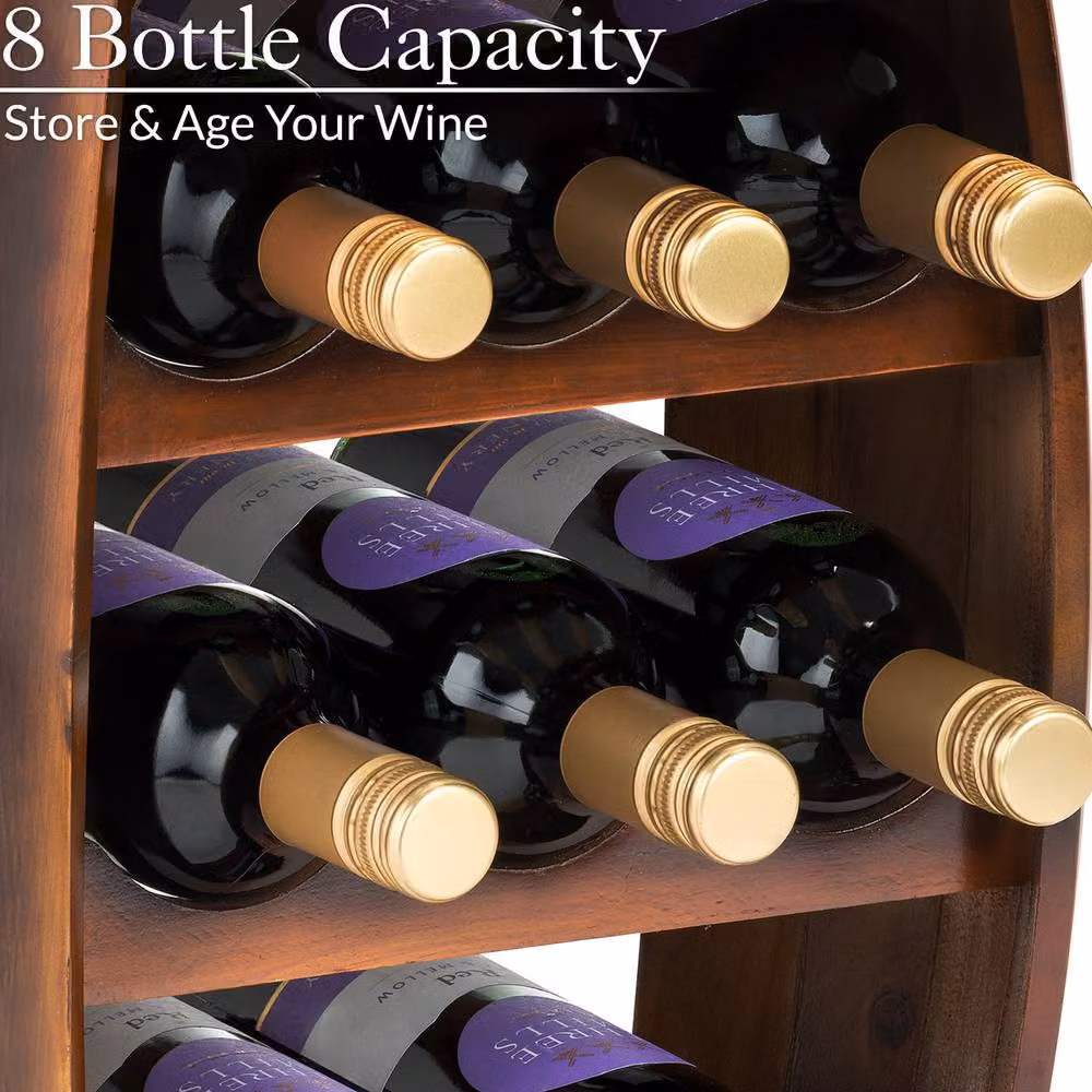 Christow Barrel Wine Rack, Brown Wooden Free Standing 8 Bottle Holder with Shelf, Height: 50 cm – 3