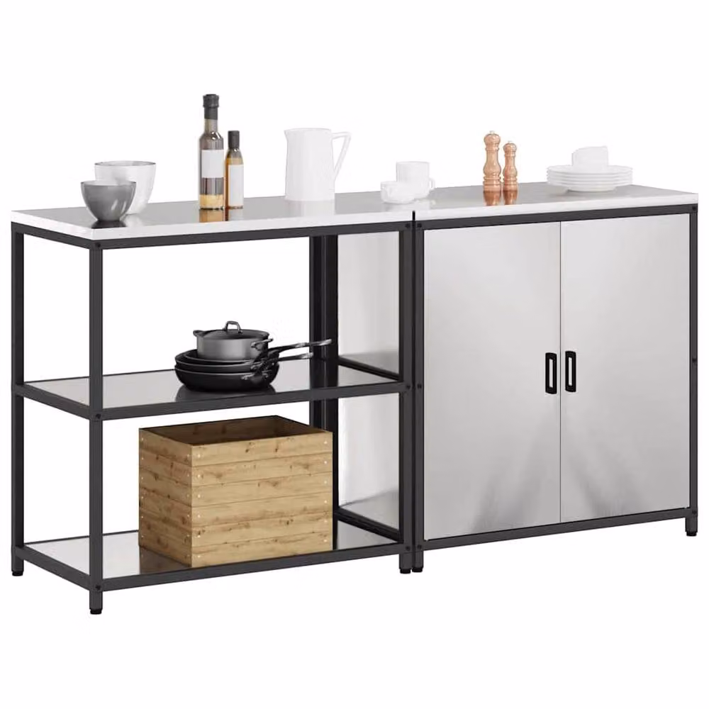 Berkfield Home 2-Piece Silver Stainless Steel Kitchen Storage Unit with Adjustable Shelves and Hinged Doors – 3
