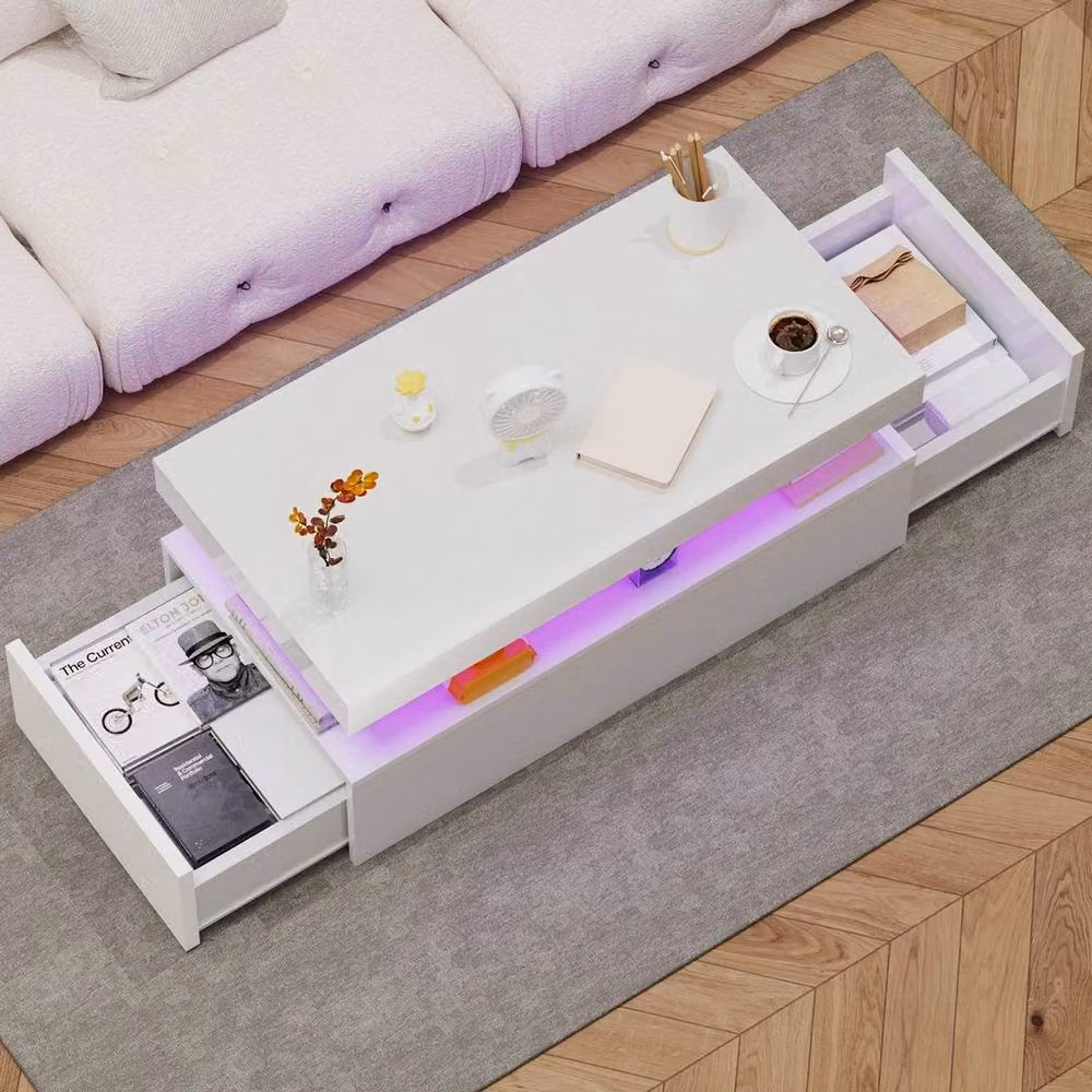 FLAVORA High Gloss LED Coffee Table with 2 Drawer Storage in White, W/D/H: 100 x 100 x 100 cm – 4