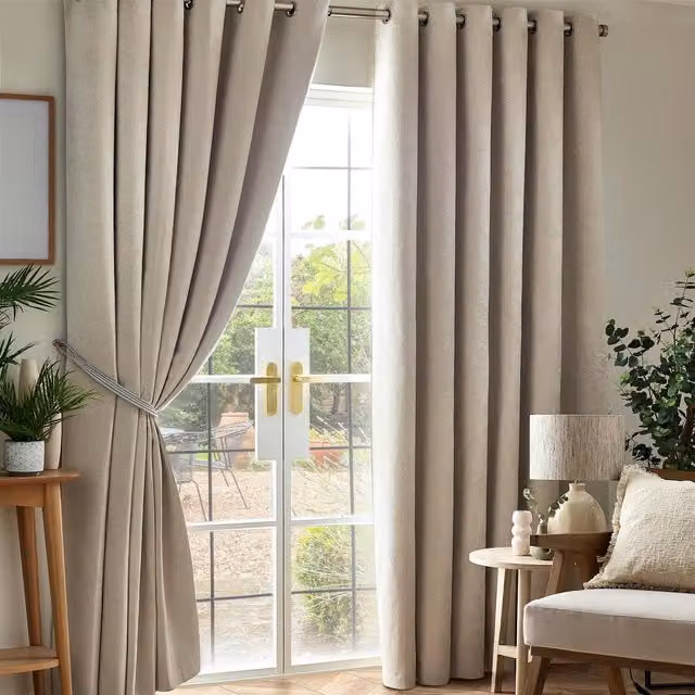 Livinluxury Beige Chenille Blackout Eyelet Curtains, Width: 168 cm