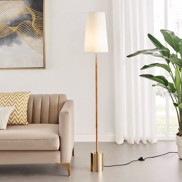 FurnitureboxUK Astrid Boho Rattan Floor Lamp with White Fabric Shade and Gold Brass Base, H 160 x W 25 x D 25 cm