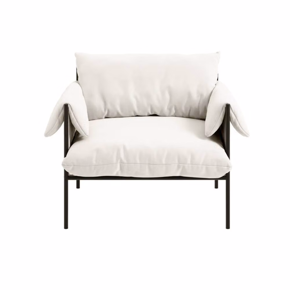 Wyld Haus Wardour Minimalist Armchair with White Houseweave Fabric and Matt Black Metal Legs – 2