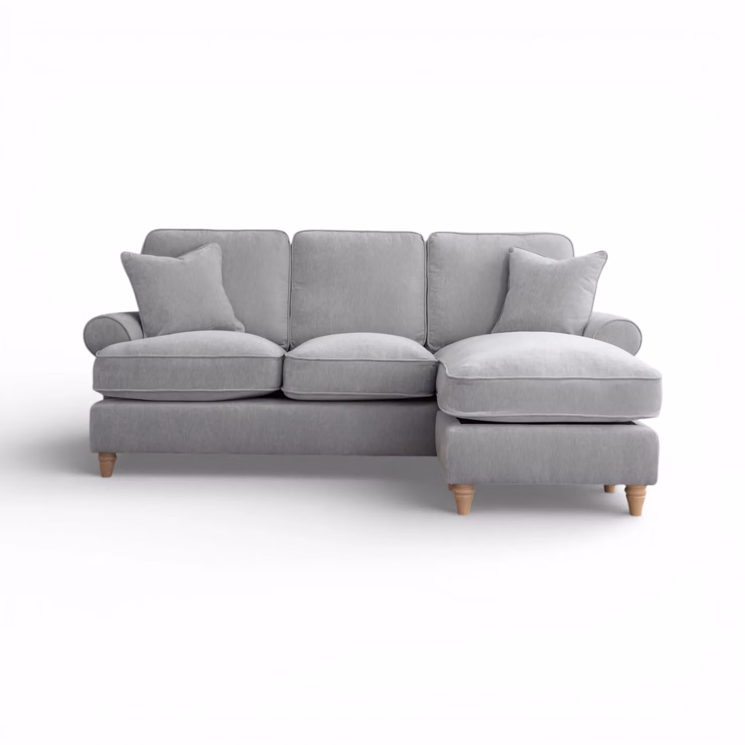The Great Sofa Company Ezra Right Hand Velvet Chaise Sofa in Grey with Scroll Arm and Scatter Cushions – 2